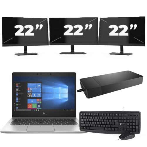 HP EliteBook 735 G6 - AMD Ryzen 7 PRO 3700U - 13 inch - 8GB RAM - 256GB SSD - Windows 10 Home + 3x 22 inch Monitor