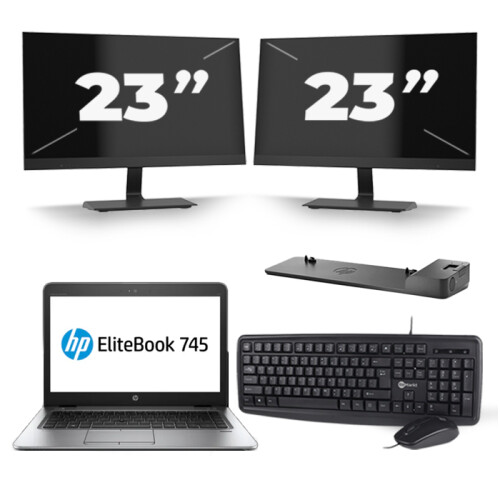HP EliteBook 745 G4 - AMD PRO A10-8730B - 14 inch - 8GB RAM - 256GB SSD - Windows 11 + 2x 23 inch Monitor