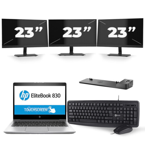 HP EliteBook 830 G5 - Intel Core i7-8e Generatie - 13 inch - 16GB RAM - 256GB SSD - Windows 11 + 3x 23 inch Monitor
