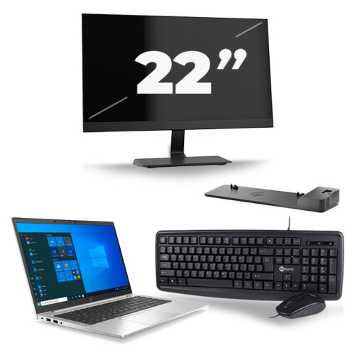 HP EliteBook 845 G7 - AMD Ryzen 3 Pro 4450U - 14 inch - 8GB RAM - 256GB SSD - Windows 10 Home + 1x 22 inch Monitor