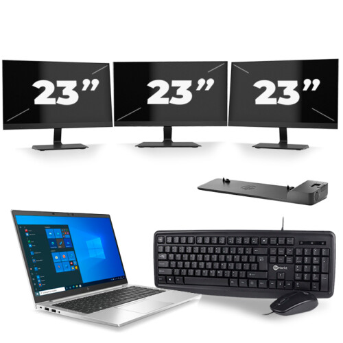 HP EliteBook 845 G7 - AMD Ryzen 3 Pro 4450U - 14 inch - 8GB RAM - 256GB SSD - Windows 10 Home + 3x 23 inch Monitor