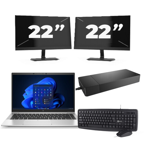 HP EliteBook 845 G8 - AMD Ryzen 3 PRO 5400U - 14 inch - 8GB RAM - 256GB SSD - Windows 11 Home + 2x 22 inch Monitor