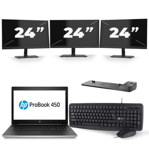 HP ProBook 450 G5 - Intel Core i3-7e Generatie - 15 inch - 8GB RAM - 256GB SSD - Windows 11 + 3x 24 inch Monitor