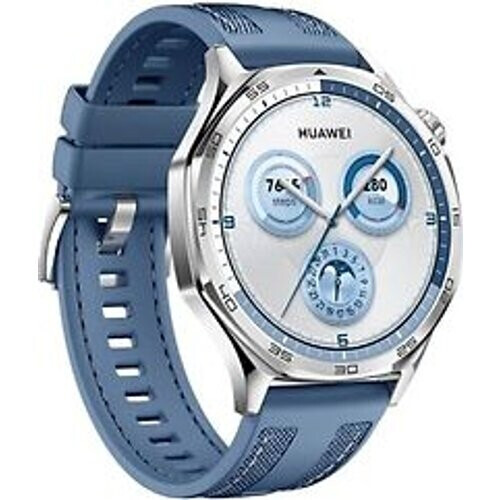 Huawei Watch GT 5 46 mm roestvrij stalen kast zilver met bandje van geweven nylon blauw