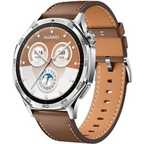 Huawei Watch GT 5 46 mm roestvrij stalen kast zilver met leren polsband bruin
