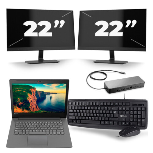 Lenovo V330-14IKB - Intel Core i5-8e Generatie - 14 inch - 16GB RAM - 256GB SSD - Windows 11 + 2x 22 inch Monitor