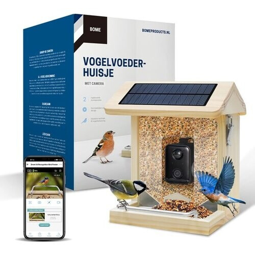 Tweedekans BOME - Vogelvoederhuisje - Camera en Audio - AI Vogelherkenning - Hout - Dubbel zonnepaneel - Hangend