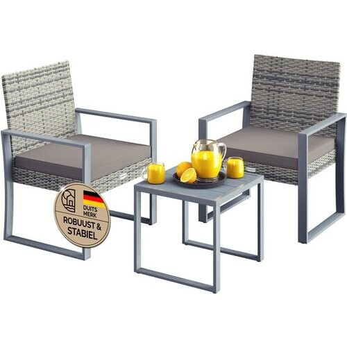 Tweedekans Casaria Polyrattan Tuinset – 1 Tafel 2 Stoelen – Weerbestendig Grijs