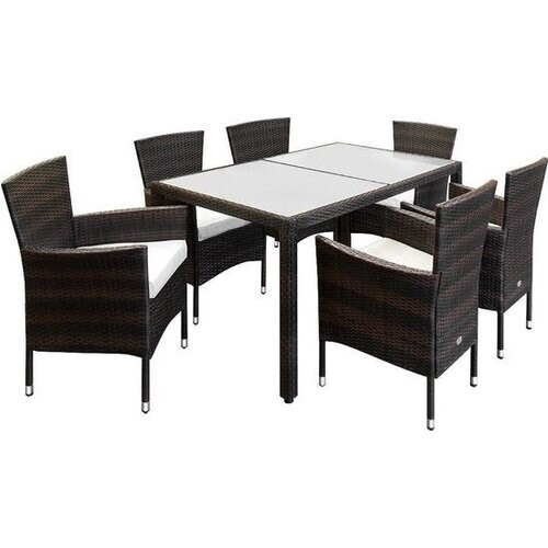 Tweedekans Casaria Polyrattan Tuinset – Tafel 6 Stoelen & Kussens – Bruin