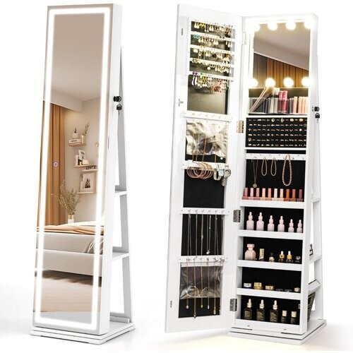 Tweedekans Coast 360° Draaibare Sieradenkast met Passpiegel en LED Verlichting - Wit - 43 x 38 x 160 cm