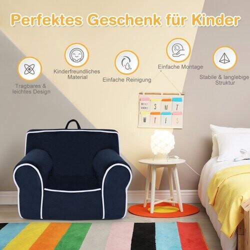 Tweedekans Coast Kinderfauteuil Donkerblauw – 69 x 46 x 50 cm – Zachte Fluwelen Peuterstoel met Schuimvulling