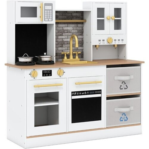Tweedekans Coast Kinderkeuken Houten Speelkeuken met Licht & Geluid - Koffiemachine, Magnetron, Oven & Kookgerei - Natuur - 91 x 30 x 90 cm