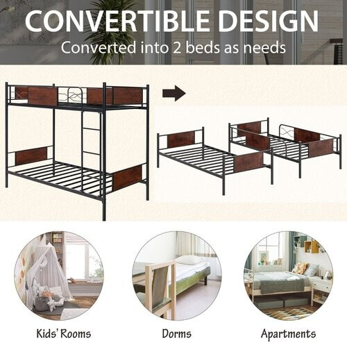 Tweedekans Coast Metalen Stapelbedframe - 2-in-1, Hout-look & 30 cm Veiligheidsreling - L 198 x B 95 x H 156 cm - Metaal/MDF - Zwart/Bruin