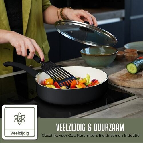 Tweedekans COOCK 19-Delige Pannenset Inductie - Speciale Anti-Aanbak Coating - Ergonomische Koudgrepen - Gerecycled Aluminium - koekenpannenset - kookpottenset - Zwart/Wit - Inclusief Onderzetters en E-book