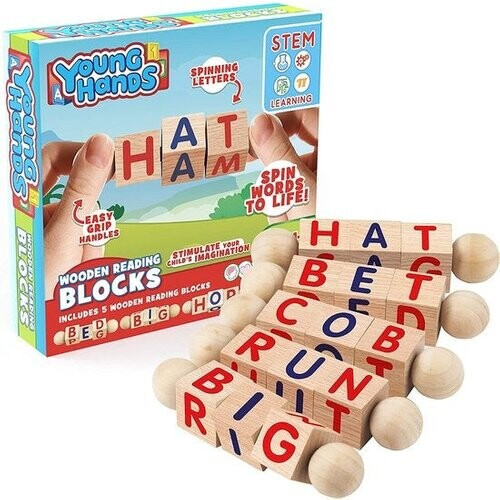 Tweedekans Creative Kids - Houten leesblokken - Set van 5 draaiende alfabetblokken - Easy-Grip handvatten - Kleuterschool & Voorschoolse leeractiviteiten - Letter werk - Houten Montessori speelgoed geschenken voor kinderen & peuters
