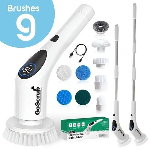 Tweedekans GoScrub® Cleaning King V2 - Elektrische Schoonmaakborstel – Elektrische Schrobber - Schrobborstel – voor badkamer of keuken – Schrobber Met Steel - 9 opzetstukken