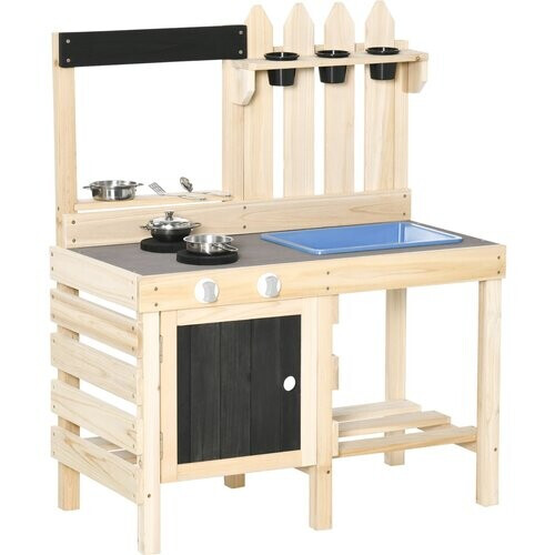 Tweedekans HOMCOM Kinderkeuken – Compleet Speelkeukentje met Accessoires – Grijs/Zwart – 82 x 30 x 85 cm