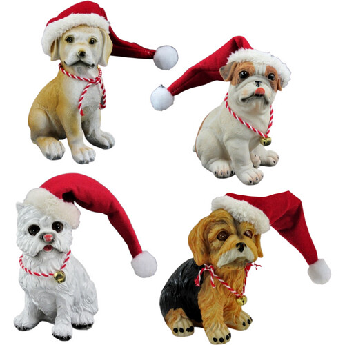 Tweedekans Honden met kerstmuts 14cm SET van 4 stuks - Kerstfiguren