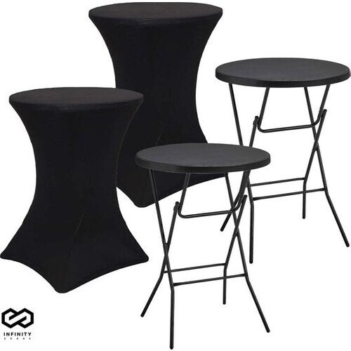 Tweedekans Infinity Goods 2x Stevige Zwarte Statafel + 2x Zwarte Statafelrok - Partytafel - Robuust en Weersbestendig - Inklapbaar - 80cm x 110cm - Feest