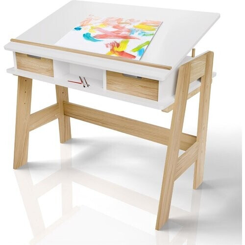 Tweedekans Juskys Fietje Plus Kinderbureau met Verstelbaar Blad en Opbergruimte - Wit/Naturel - 94 x 76 x 63 cm