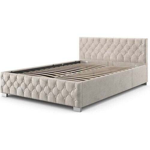 Tweedekans Juskys Fluwelen Bed Nizza 180x200 cm – Voorzien Van Indirecte LED-verlichting En Opbergruimte En Chesterfield-hoofdbord – Voor Slaapkamer – Beige Fluweel En MDF-hout – 180 x 200 cm