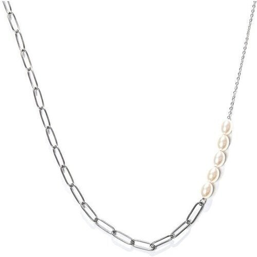 Tweedekans Laura Ferini Dames Ketting Perla – Zilverkleurige Asymmetrische Schakelketting met Parels – 18K Witgoud Verguld Collier – Elegante Halsketting