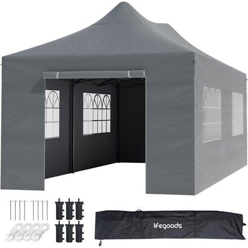 Tweedekans LifeGoods Partytent - Paviljoen - 3x6 m - Zijwanden - Easy Up - Opvouwbaar - Waterdicht - Draagtas met Wieltjes - Donkergrijs