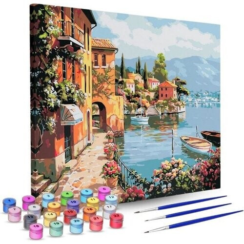 Tweedekans Rubye® Schilderen Op Nummer Volwassenen – Italiaanse Kust – Inclusief Verf en Penselen – Canvas Schildersdoek – Kleuren op Nummer – 40x50cm