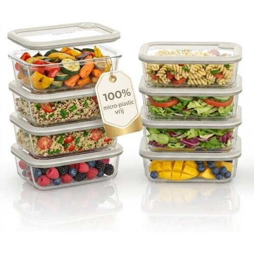 Tweedekans Safecourt vershoudbakjes - volledig van glas (100% micro-plastic vrij) - oven, vriezer, magnetron en vaatwasser - 8x 1040ml set