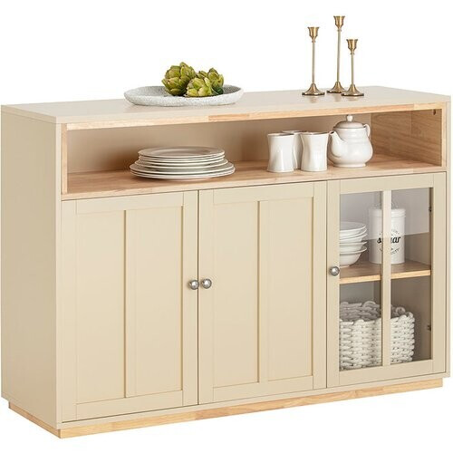 Tweedekans SoBuy Buffetkast Met Laden – 120 x 40 x 90 cm & Met Glazen Deuren – Voorzien Van Interne Planken En Flessenrek – Beige Gelakt Mdf
