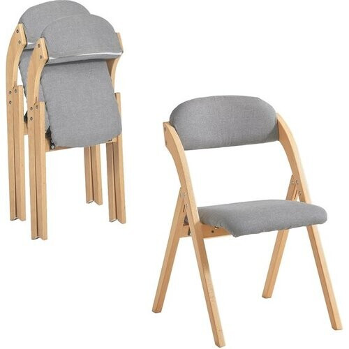 Tweedekans SoBuy Set van 2 Klapstoel, Bureaustoel met Gestoffeerd Zitkussen, Eetkamerstoel, Natuur/Grijs, 47.5x77x59 cm, FST92-Nx2 - voor eetkamer, balkon of kantoor