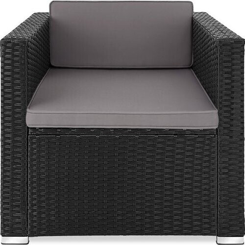 Tweedekans tectake® comfortabele wicker fauteuil met armleuningen, tuinmeubelen voor balkon, tuin, lounge, 70 x 69 x 65 cm, waterafstotende en wasbare hoezen, inclusief zit- en rugkussens - zwart - poly-rattan