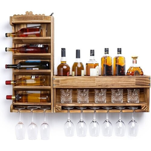 Tweedekans Yorbay Houten Wijnrek Wandwijnrek met Glazenhouder Vintage Design